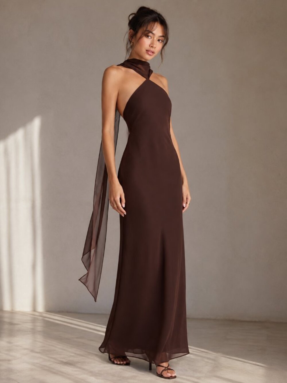 Amanda Uprichard Ashton Chiffon Gown Maxi Dress in Chocolate